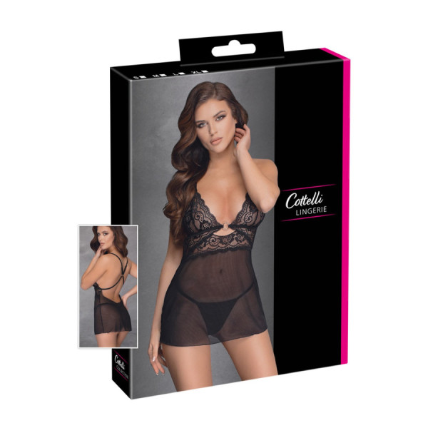 Nuisette noire en dentelle et résille transparente avec string 